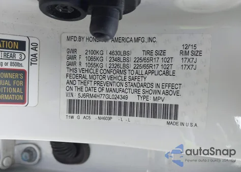 2016 Honda Cr-V Ex-L from USA, damaged, VIN 5J6RM4H77GL024349